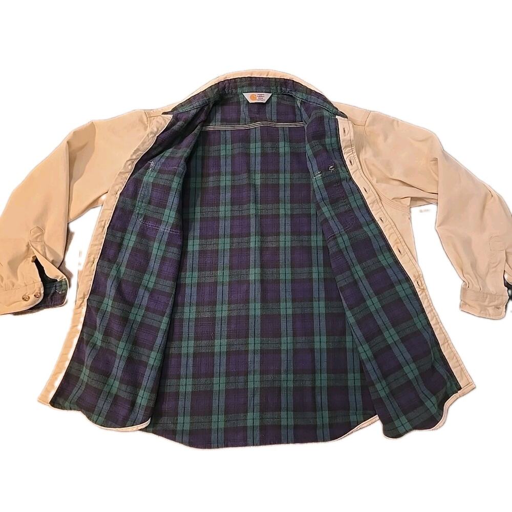 Vintage 90s Carhartt Rugged Outdoor Wear Shirt 2XL Beige Lined Flannel